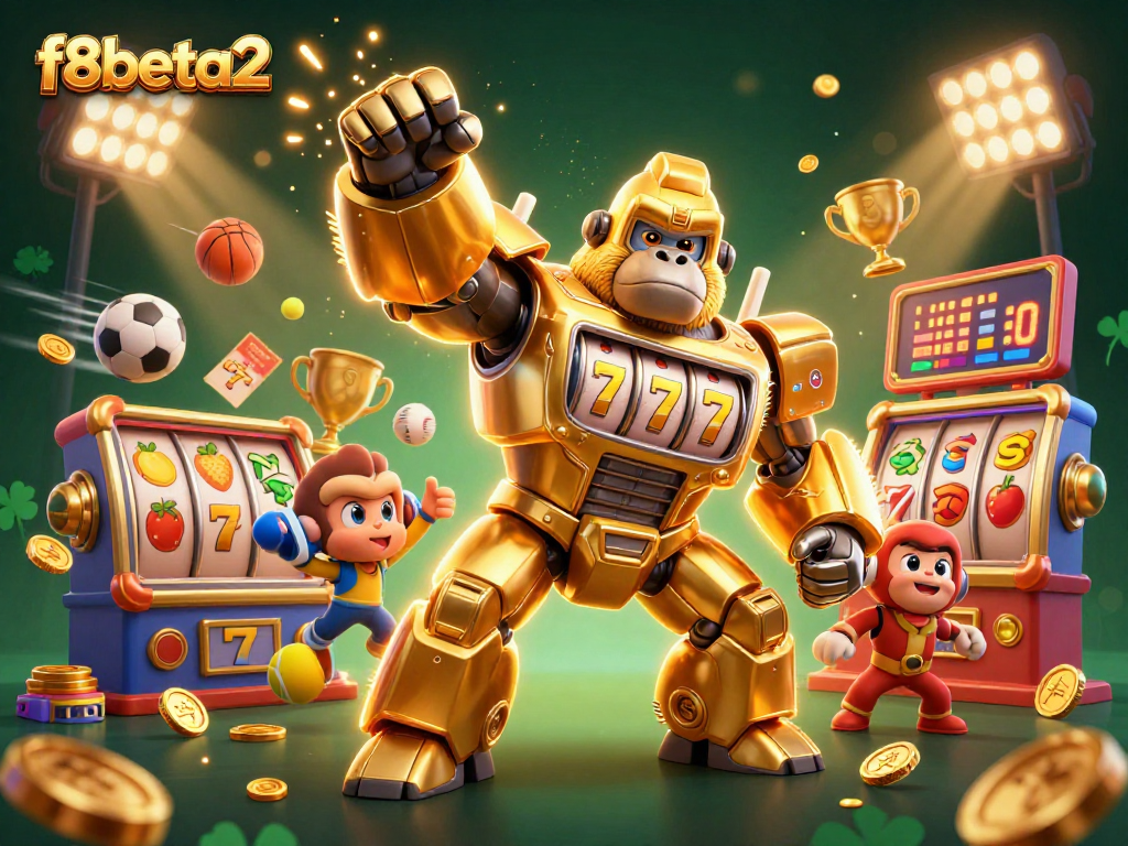Engage in thrilling slots gameplay with f8beta2's golden mech featuring vibrant casino elements.