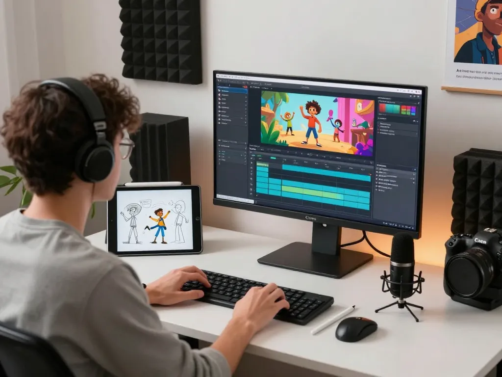 Dynamic animation workspace using motion control AI with character sketches and software on monitor.