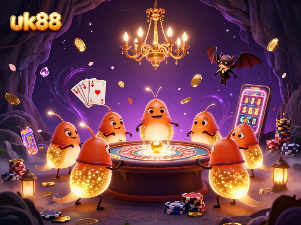 Experience the enchanting uk88 casino with glowworms illuminating a vibrant gambling scene filled with treasures.