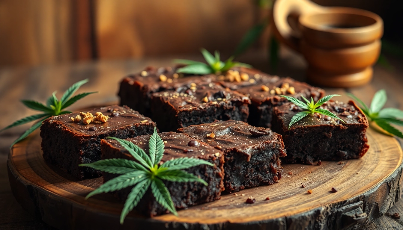 Delicious cannabis brownies topped with cocoa powder and herbs.
