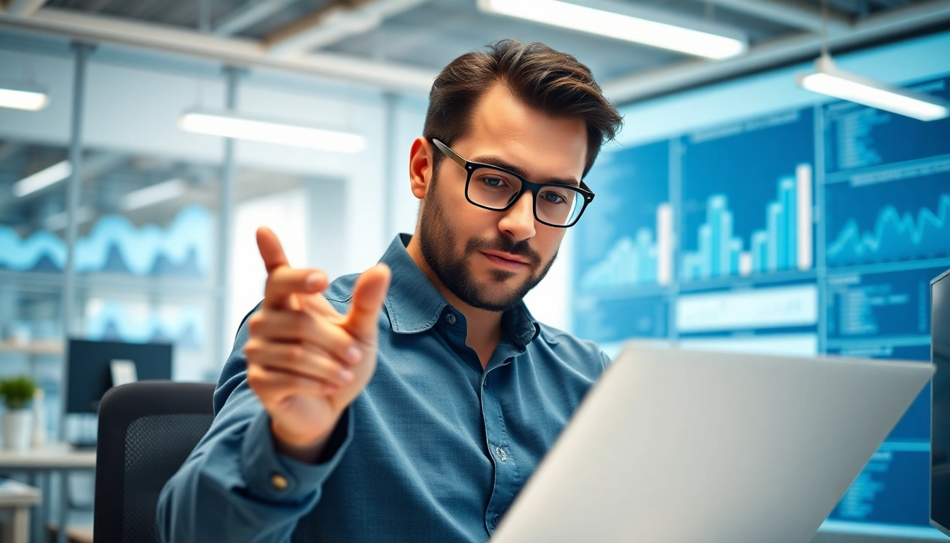 Evodrop Beobachter analysiert Daten in einem modernen Bürosetting mit innovativen Grafiken.