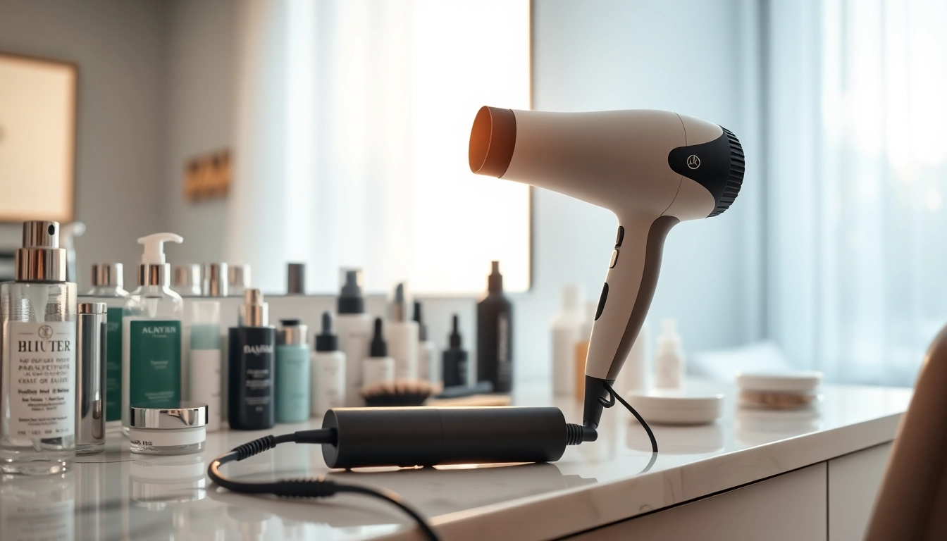 Laifen haartrockner auf einem modernen Schminktisch mit stilvollen Beauty-Produkten.