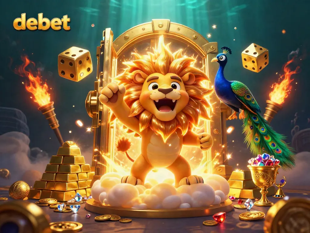 Experience thrilling winnings at debet with a vibrant 3D fantasy casino scene showcasing a roaring sun lion and golden treasures.