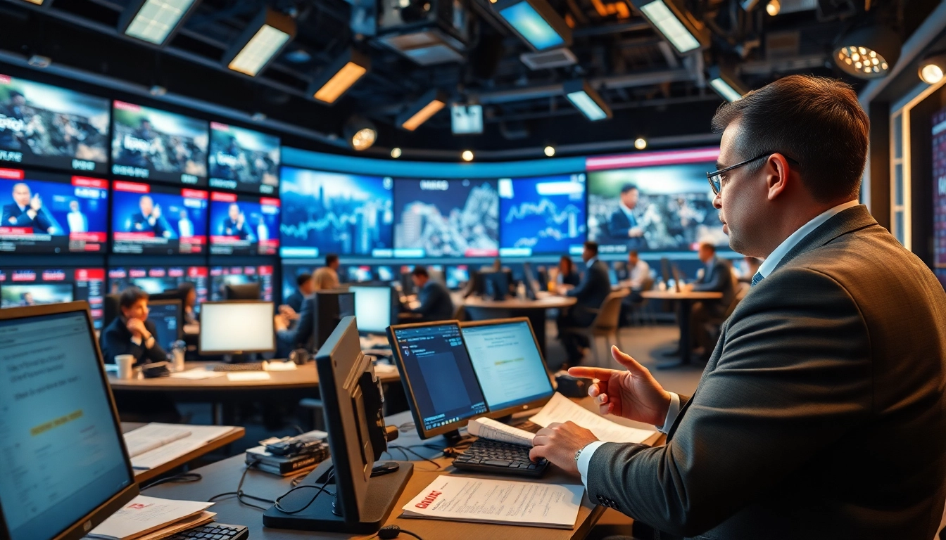 Aktuelle Meldungen: Journalisten in einem modernen Nachrichtenraum bei der Berichterstattung.