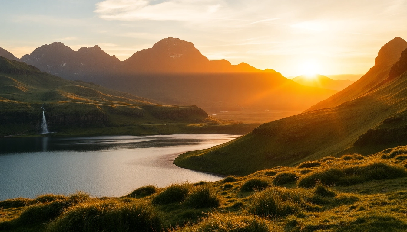 Erleben Sie eine beeindruckende Reise nach Island mit atemberaubenden Wasserfällen und majestätischen Bergen im Hintergrund während eines wunderschönen Sonnenuntergangs.