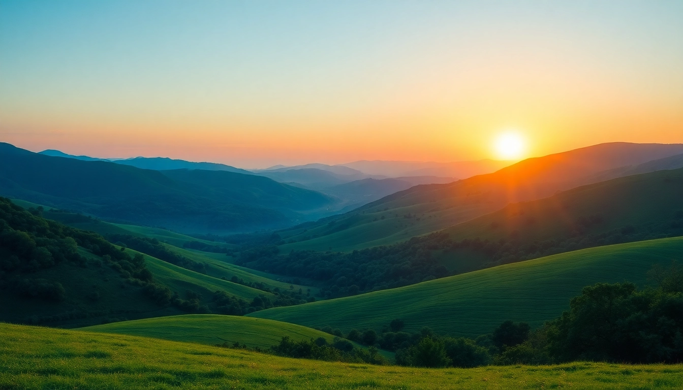 Showcase a tranquil valley scene representing Klima and environmental harmony in vibrant colors.
