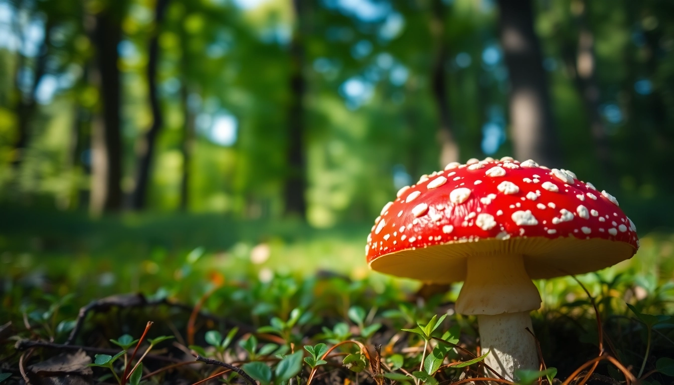 Amanita muscaria kaufen: Nähere Betrachtung eines leuchtenden Fliegenpilzes in einem Wald.