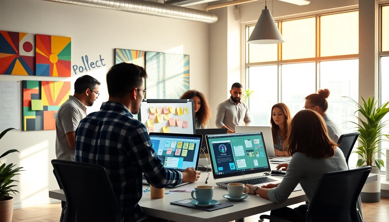 Show a creative team collaborating on edmonton web design projects in a vibrant office setting.