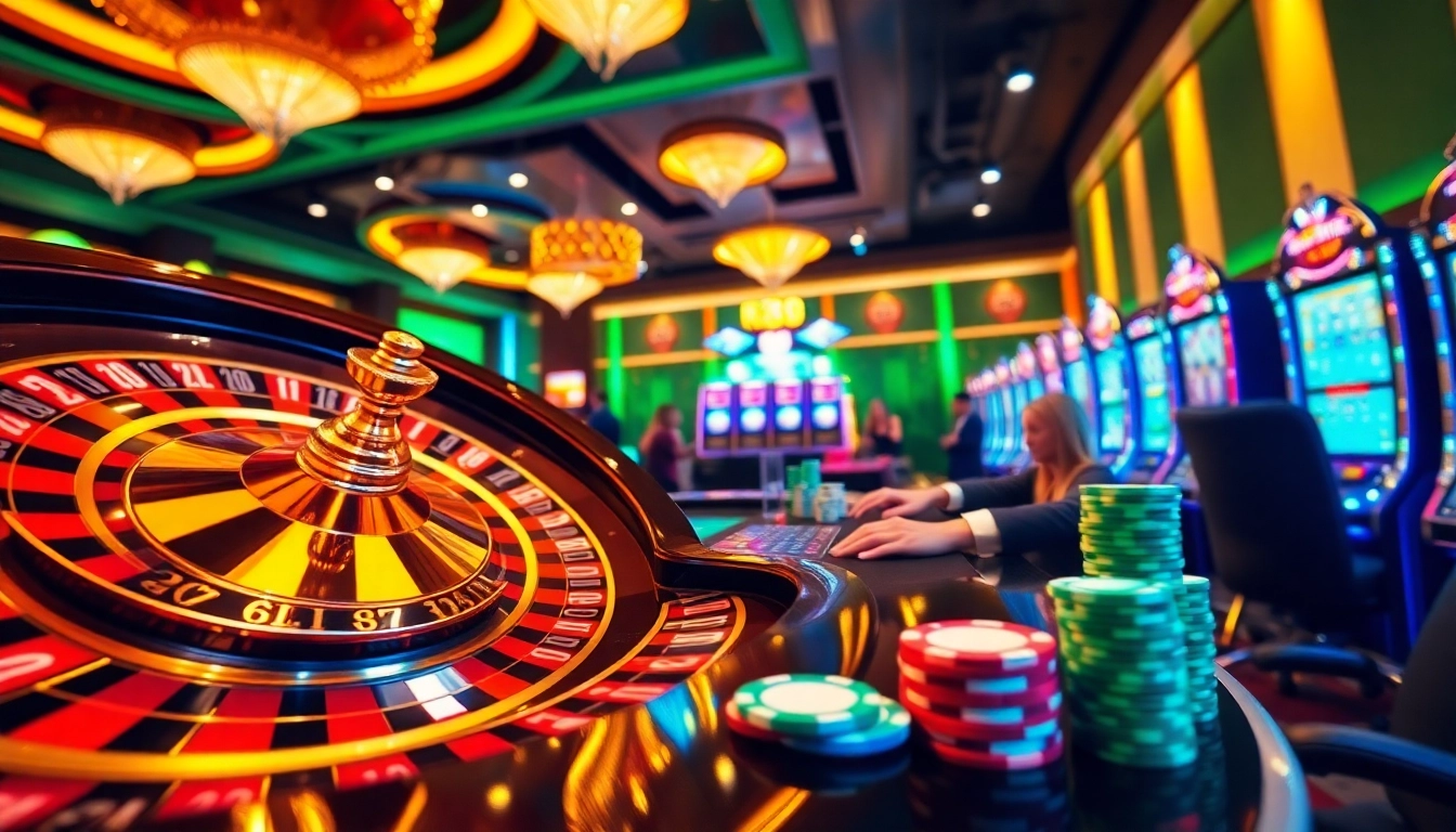 Experience high-stakes action at rr88 casino with poker chips, a roulette wheel, and excited players.