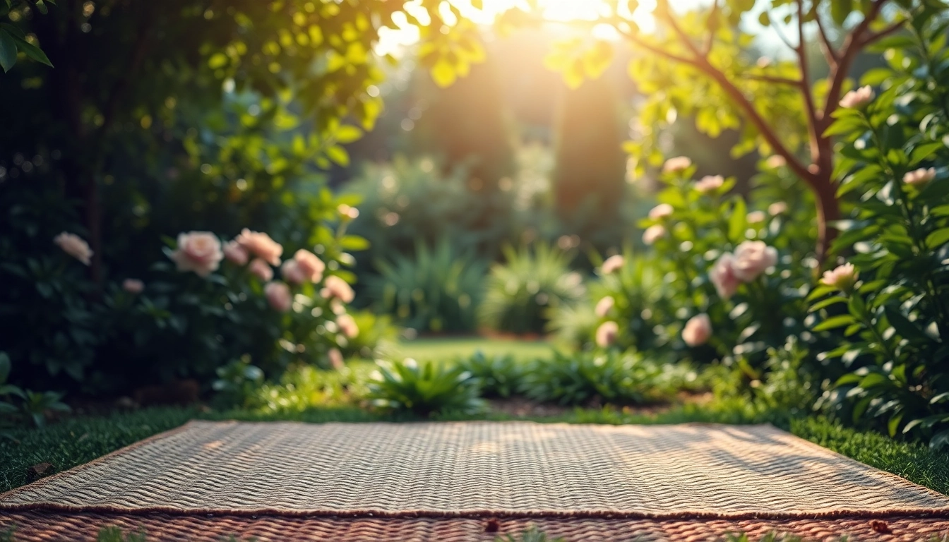 Hanfmatte in einem ruhigen Garten, umgeben von üppigem Grün.