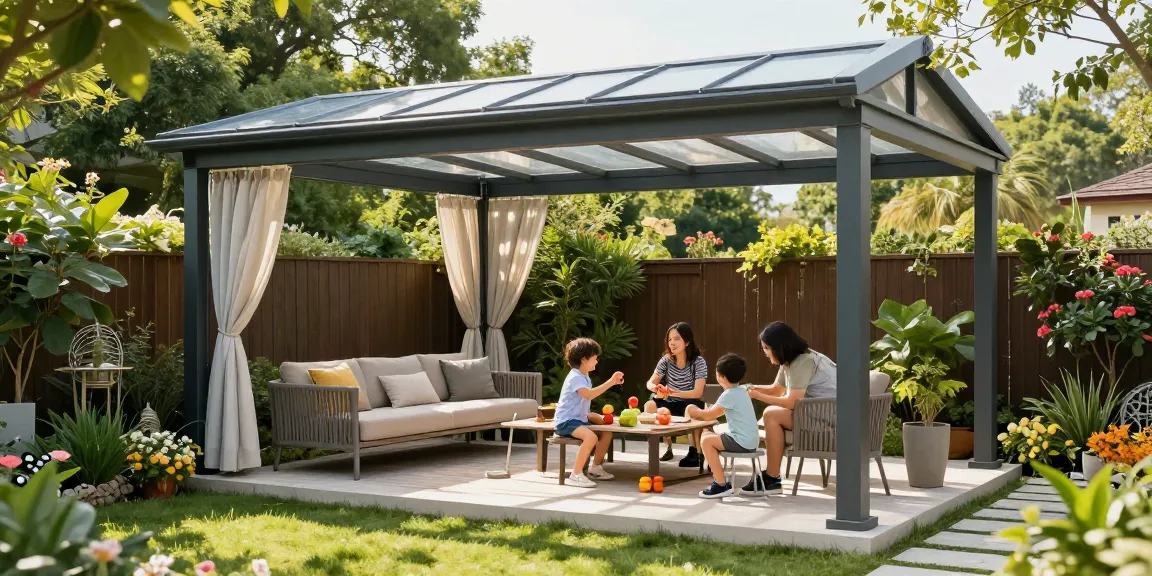 Freistehende Terrassenüberdachung mit Familie im Garten genießt gemeinsames Essen und Spielen.