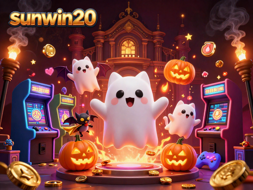 Play slots with sunwin20 as a friendly ghost cat and vampire bat illustrate lively casino fun.