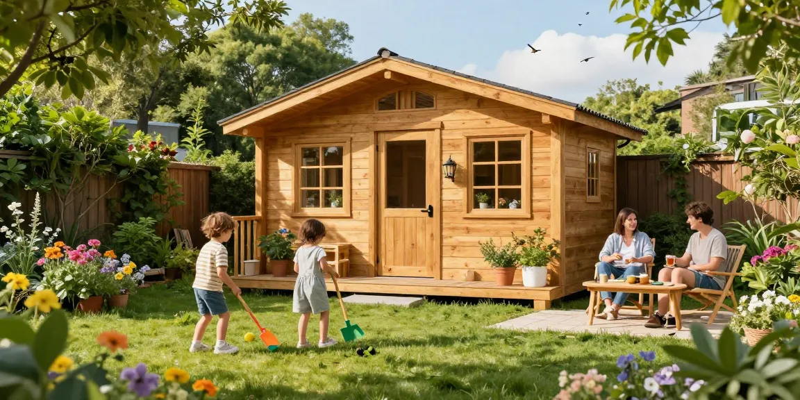 Ein Gartenhaus aus Holz, umgeben von blühenden Blumen und einer Familie, die eine sonnige Nachmittagszeit im Garten genießt.