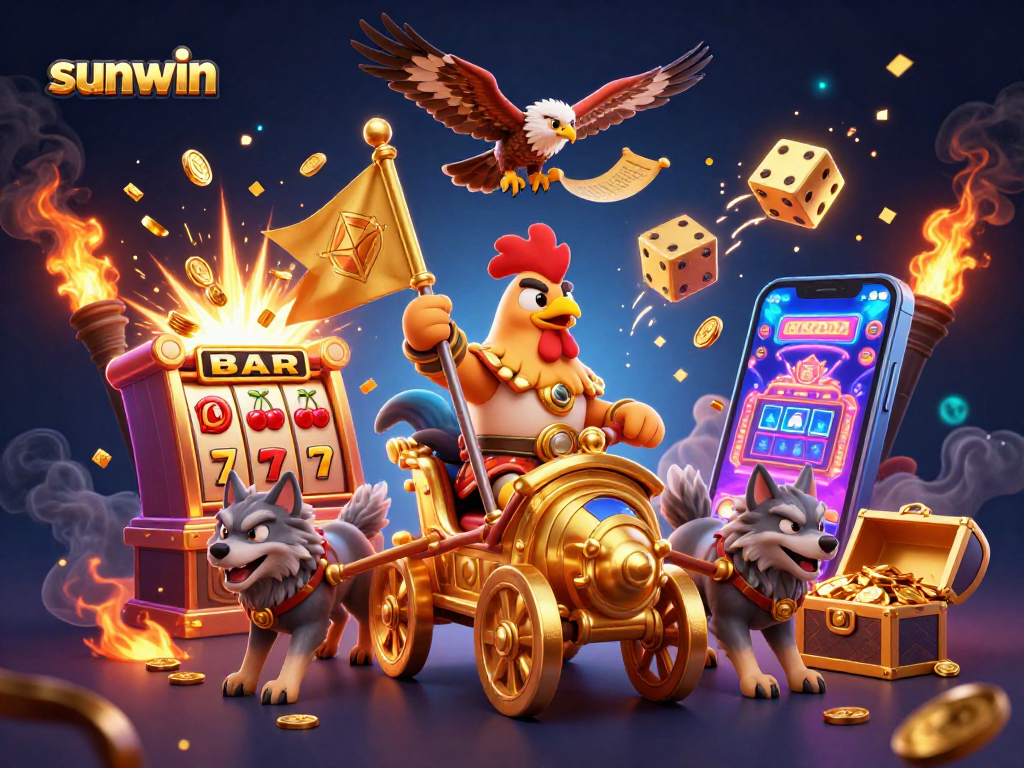 Experience thrilling gameplay with sunwin and witness a lavish victory scene bursting with slots, dice, and festive fireworks.