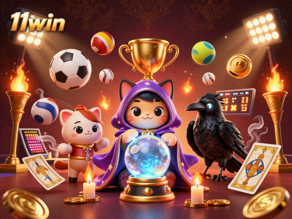 Immerse in 11win's vibrant casino scene featuring a fortune teller cat, tarot raven, and dynamic sports elements.