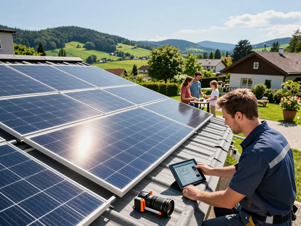 Photovoltaik Bayern Installation mit Techniker, der Solarpanels auf einem sonnigen bayerischen Dach untersucht.