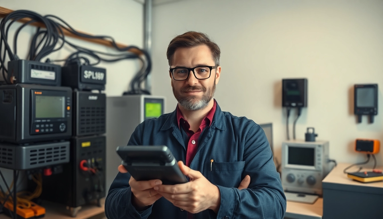 Prüfung ortsveränderlicher elektrischer Betriebsmittel durch einen Elektrofachmann mit Prüfgerät im Büro.