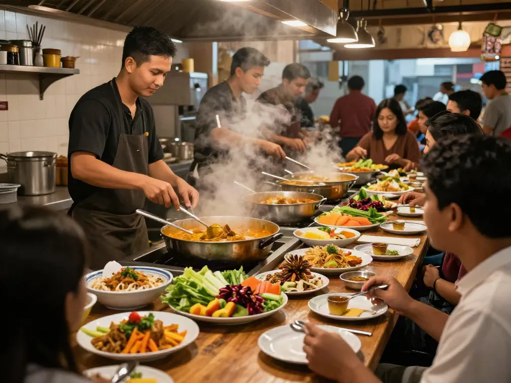 Authentic nasi kandar kitchen scene at rokok88 with chefs preparing vibrant dishes.