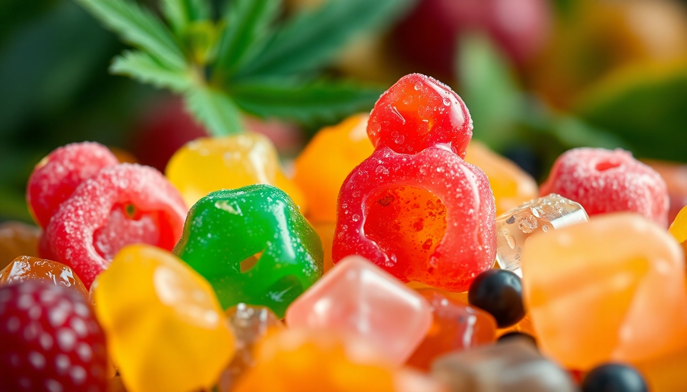 Enjoy colorful Thc gummibärchen arranged playfully with fruit elements, showcasing flavorful variety.