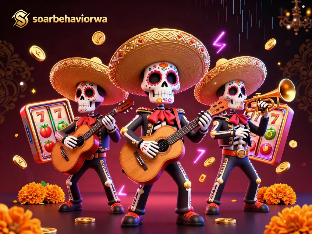 Experience the vibrant energy of soarbehaviorwa with colorful mariachi skeletons amidst slot reels and golden coins.