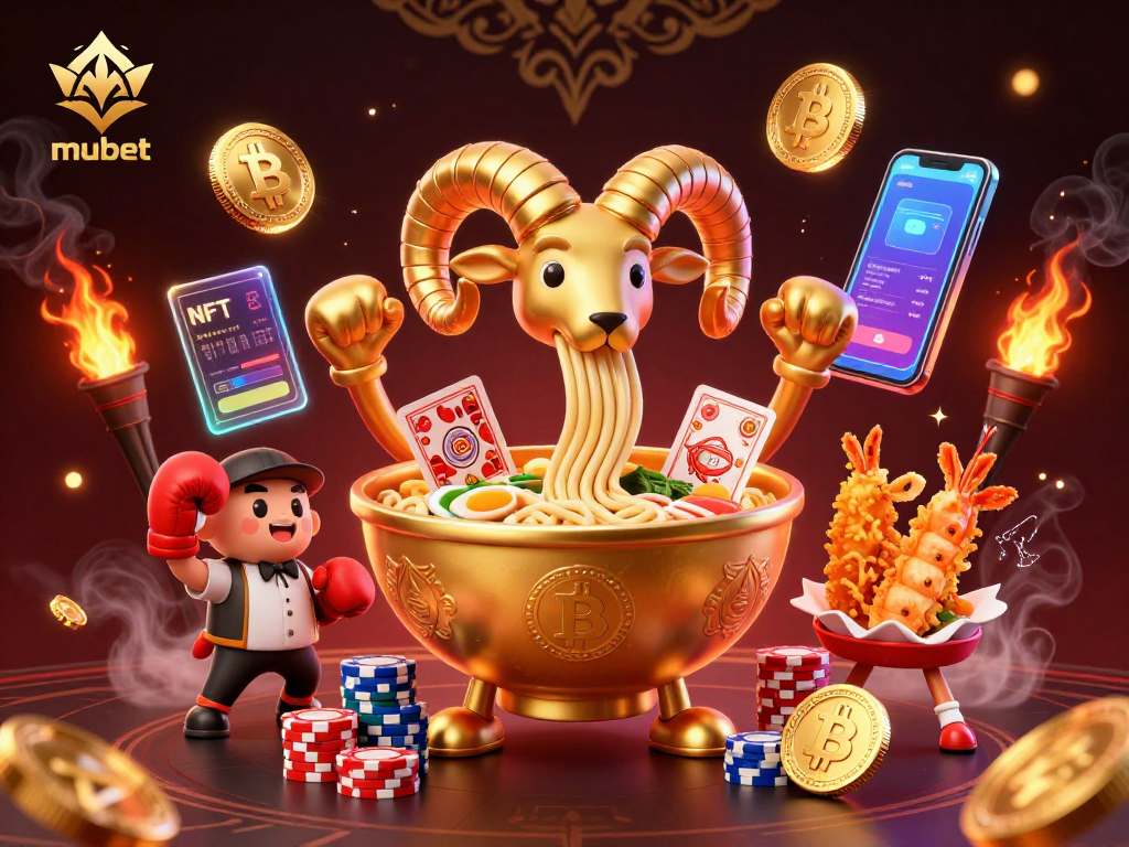 Join the action at mubet with a vibrant scene featuring a golden ramen bowl dealer and crypto coins.