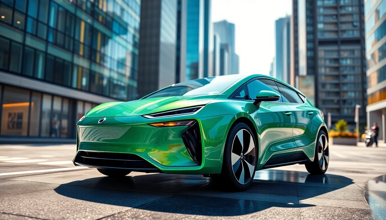 Schlanker Elektroautos in urbaner Umgebung mit reflektierenden Oberflächen und modernem Design.