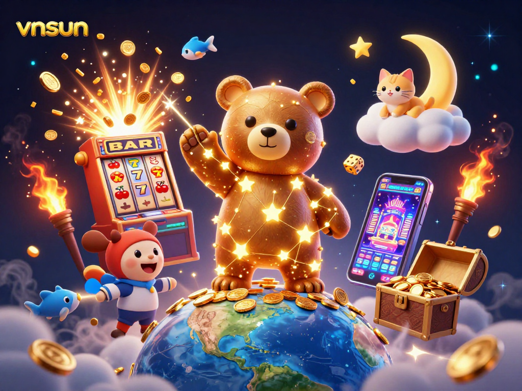 Join the excitement at vnsun as a constellation bear scoops coins under a night sky, accompanied by casino-themed elements.