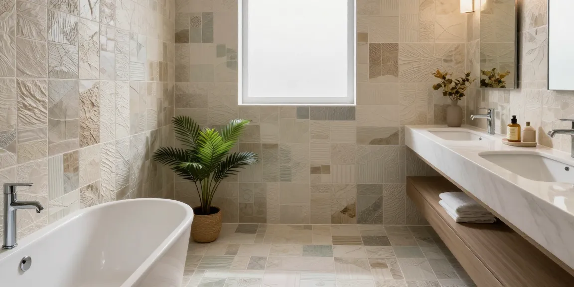Stijlvolle badkamer met badkamer tegels met relief in serene interieurontwerp.