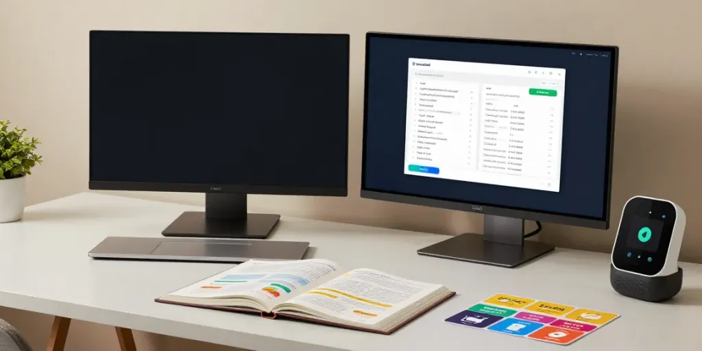 Arabisch lernen in Marokko: Moderne Entwicklerarbeitsplatz mit Sprachsoftware und Lernmaterialien zur Unterstützung von Online-Kursen.