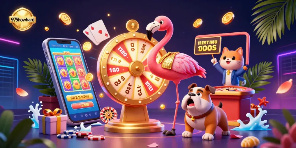 Engage in exciting slots action at 975howard with vibrant 3D casino illustration showcasing thrilling games and prizes.