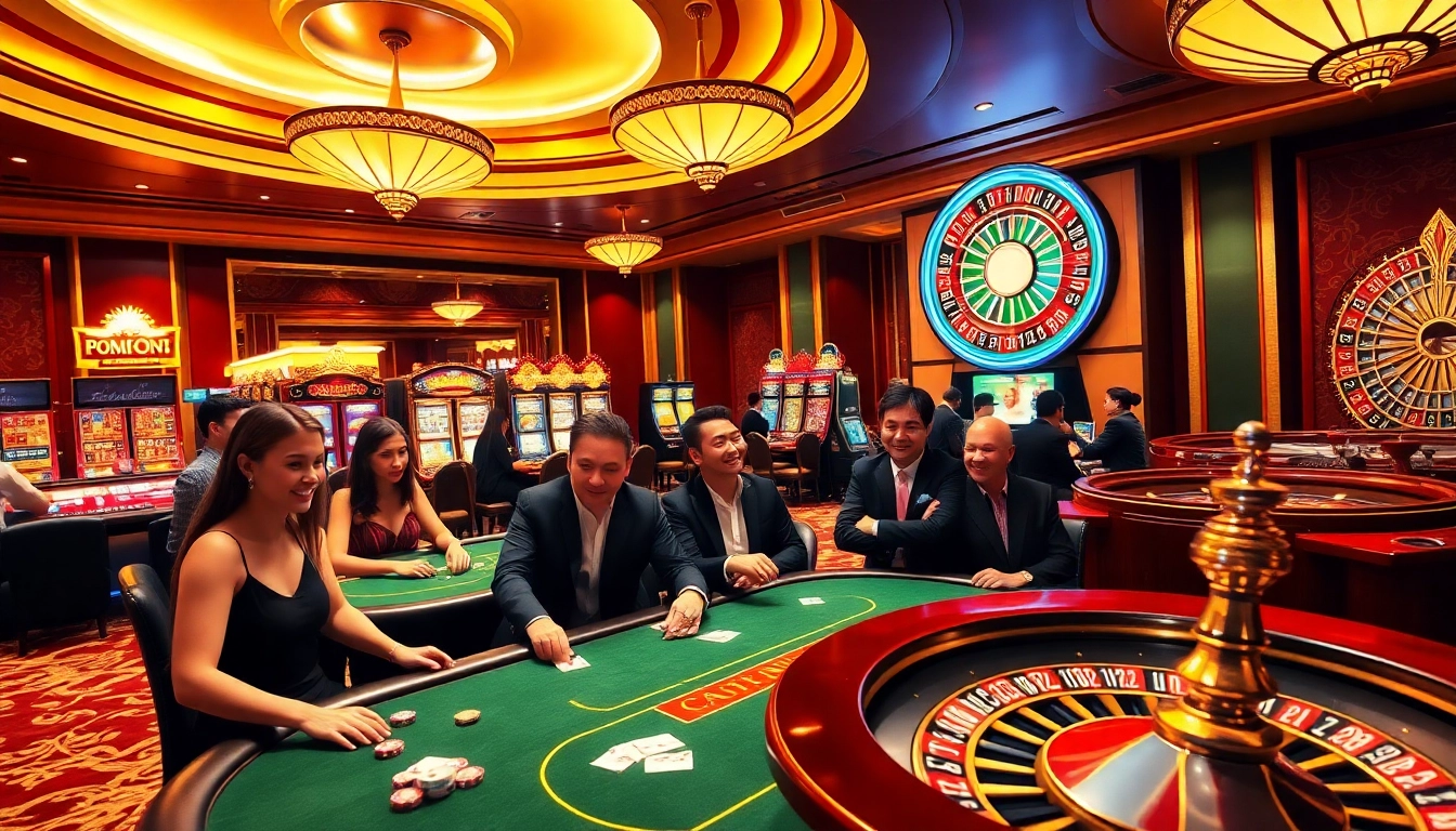 Exciting casino gameplay at CM88 OKVIP with players at the poker table and vibrant slot machines.