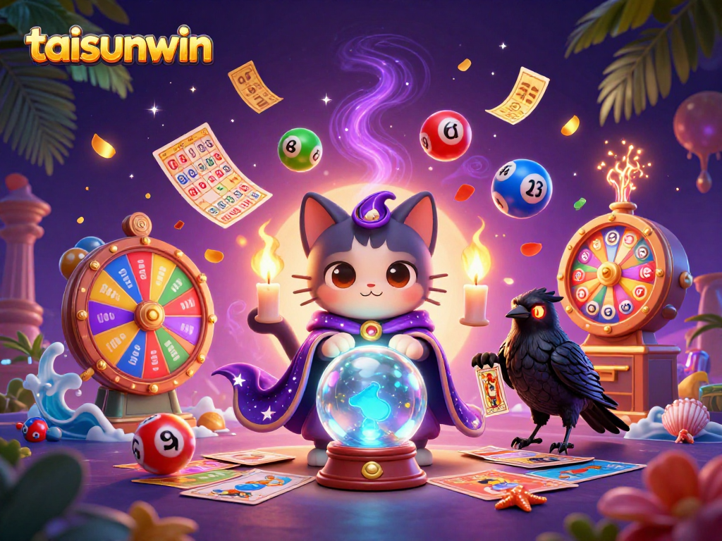 Experience the magic of taisunwin with a mystic cat and vibrant lottery elements.