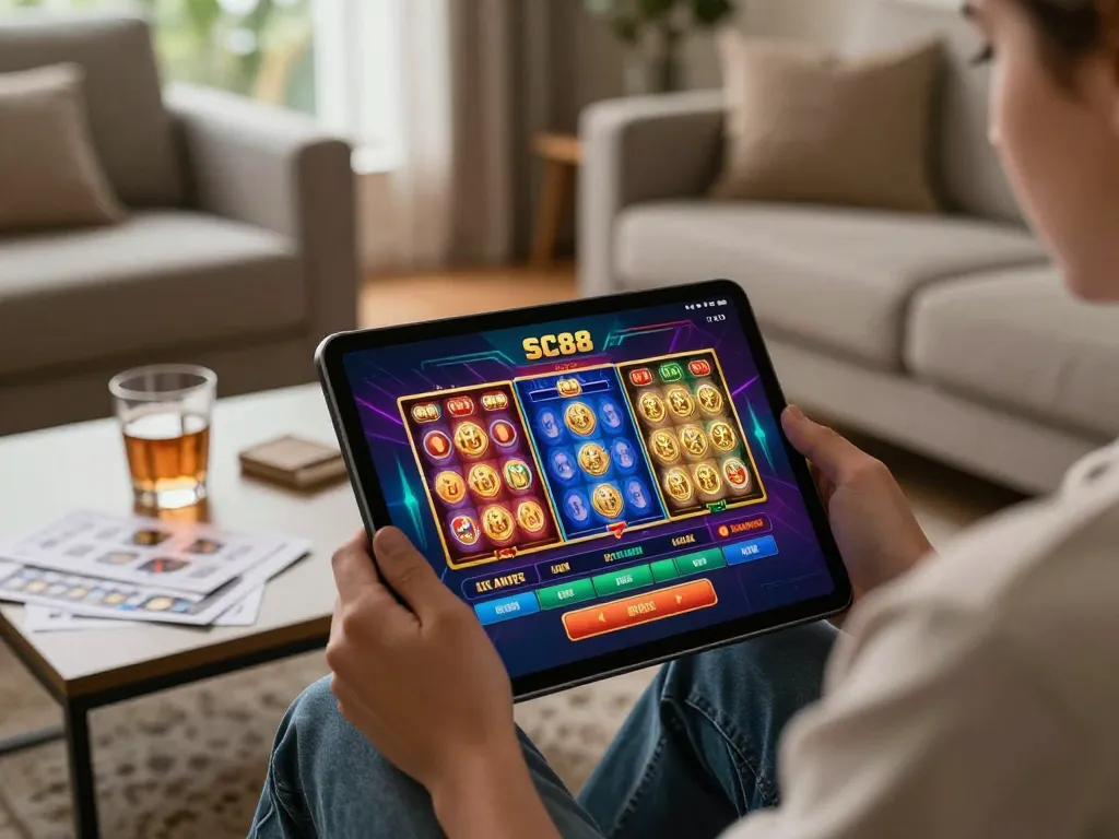 SC88 app user enjoying mobile slot games with engaging interface at home