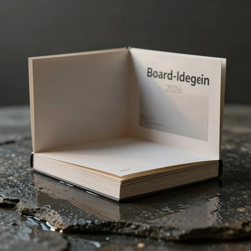 Dunkles Produktmotiv: dickes Board-Ideen-Heft auf nassem Stein mit Kartenstreifen.