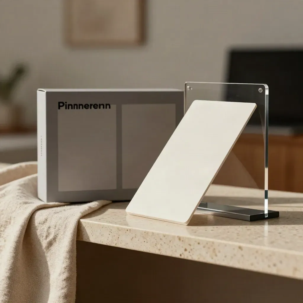 Matte Kursbox mit Karten und Acryl-Teiler auf Travertin im weichen Studiolicht.