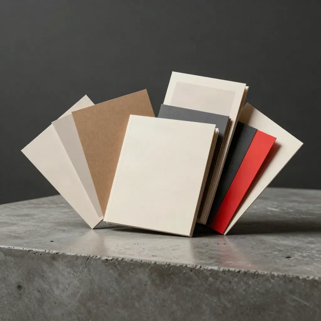 Dramatisches Pinterest-Produktbild mit Karten, Ordnern und rotem Akzent auf Beton.