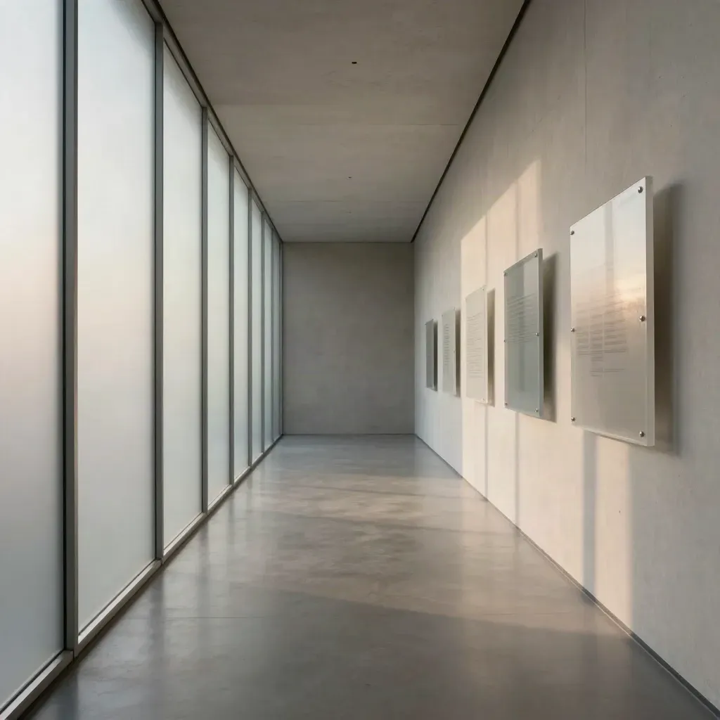Minimaler Galeriegang aus Glas und Beton mit weichem Morgenlicht und viel Copy-Fläche.