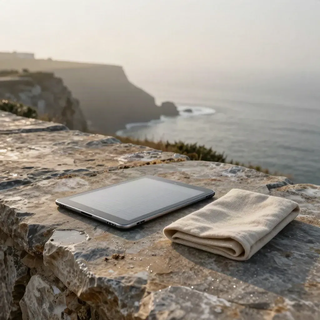 Mistige Küsten-Terrasse aus Stein mit Tablet und Planungs-Elementen im Dunst