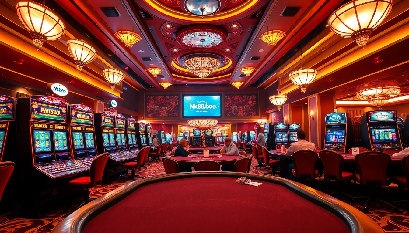 Exciting gambling scene at Nk88.boo casino with players enjoying slot machines and poker tables.