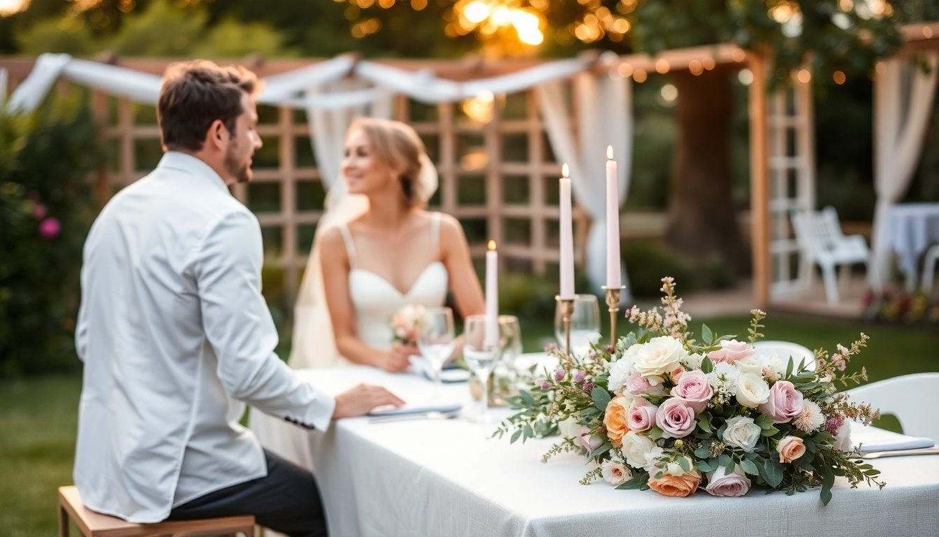 Hochzeitslocation im Freien mit romantischer Atmosphäre und wunderschönen Blumenarrangements
