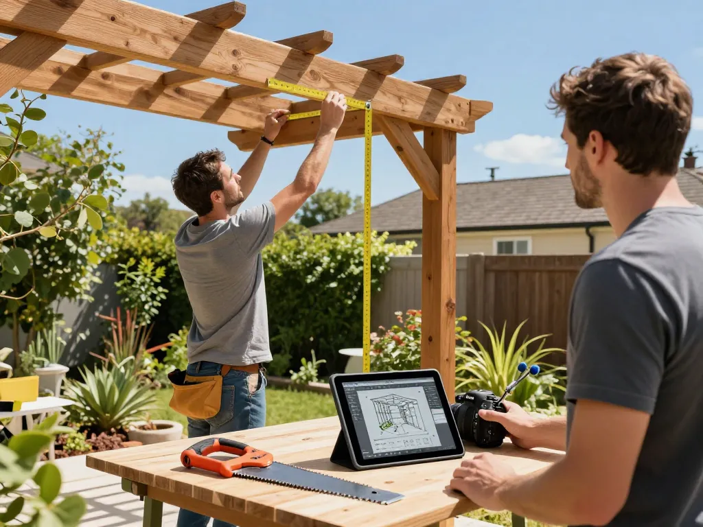 Software für Pergola-Installateure, die von einem erfahrenen Installateur während des Installationsprozesses einer Pergola im Garten verwendet wird.