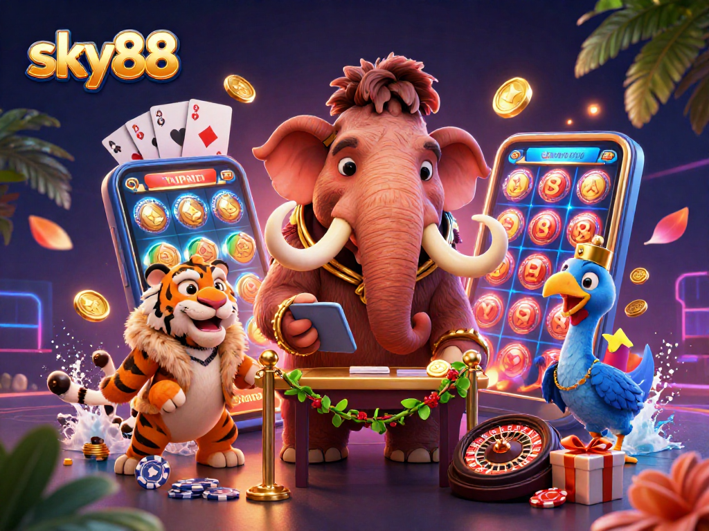 Experience excitement at sky88 with a vibrant casino scene featuring unique characters and thrilling gaming elements.