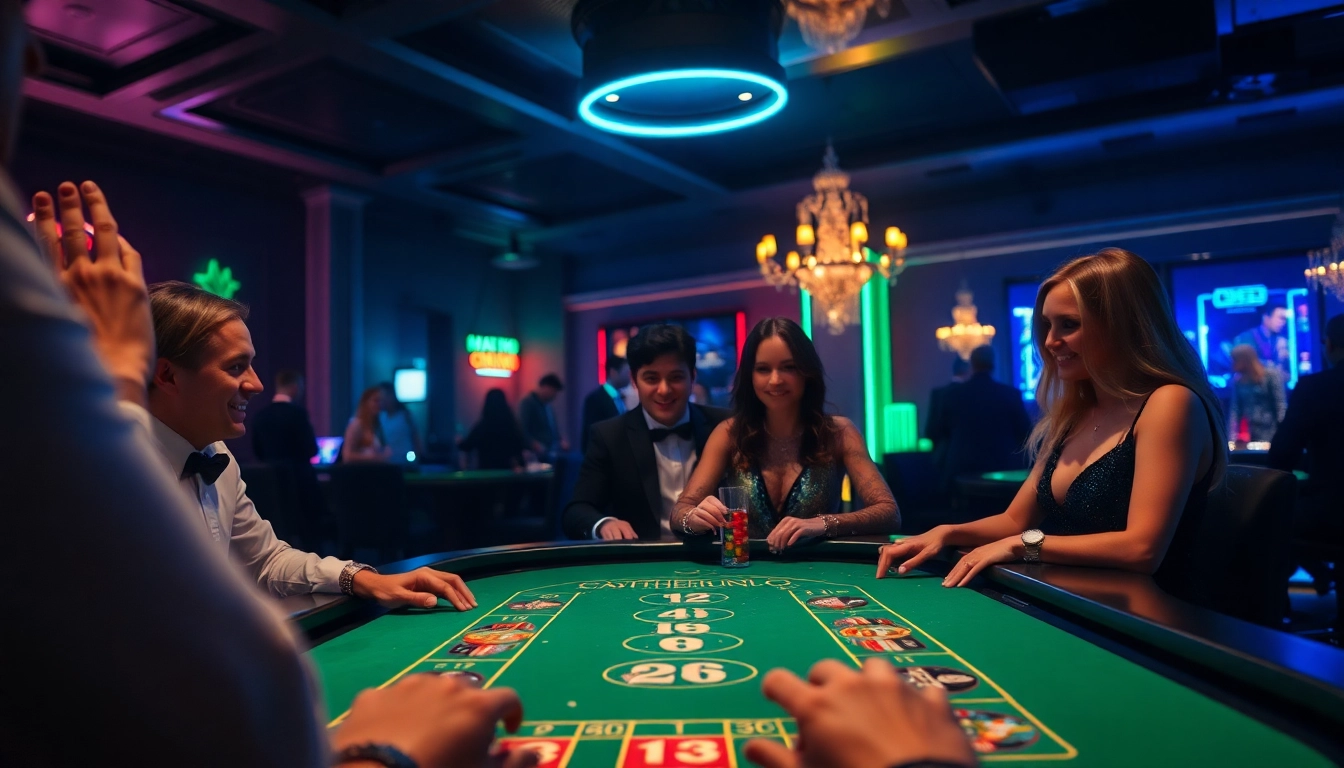Casino ohne Limit: Spieler genießen eine aufregende Atmosphäre im Online-Casino mit leuchtenden Neonlichtern und festlichem Ambiente.