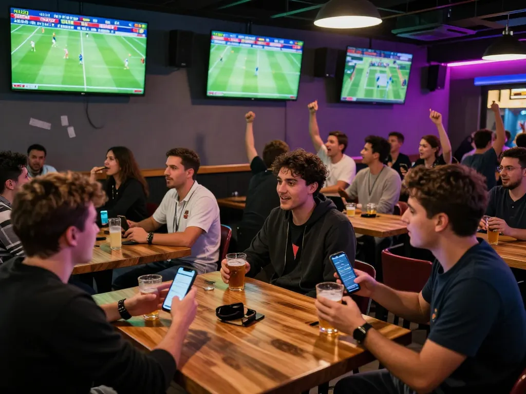 Soi kèo bóng đá in action as fans place bets at a vibrant sports bar filled with screens and excitement.