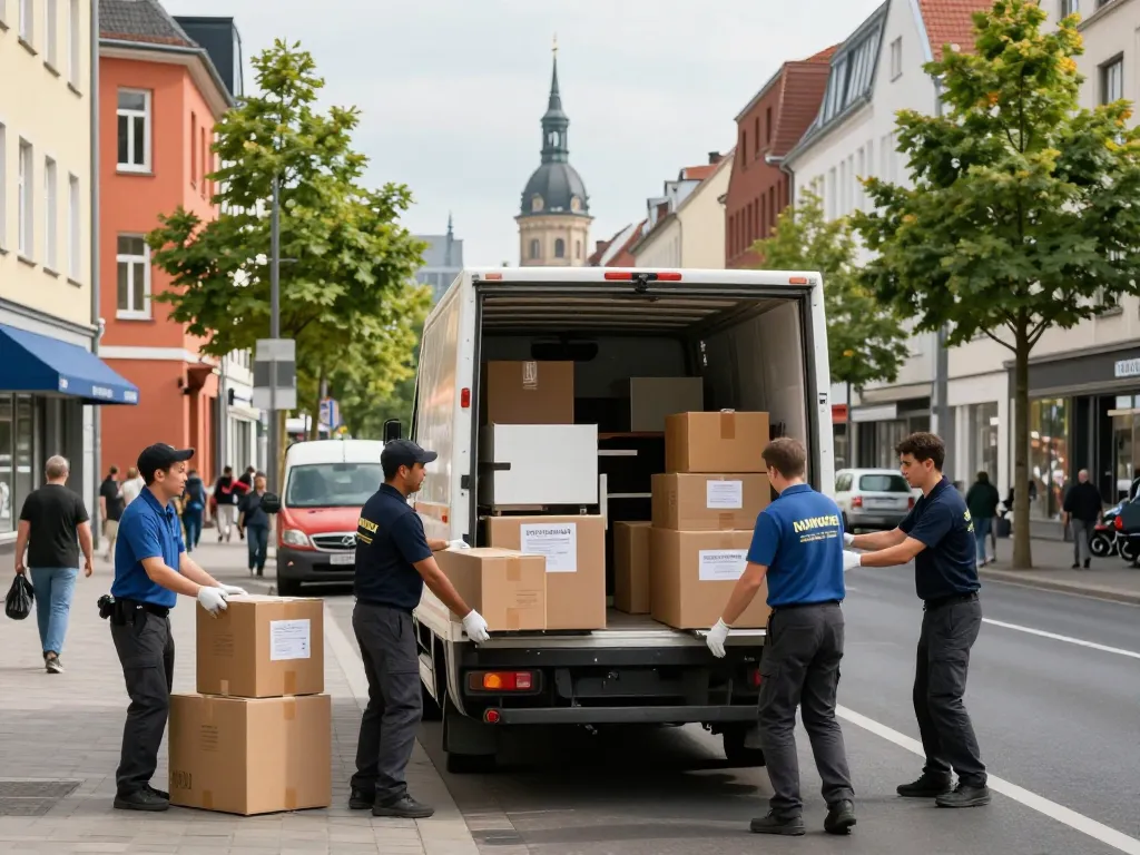 Professionelle Umzugshelfer von umzugsunternehmen Hannover beladen effizient einen Truck in der Stadt.