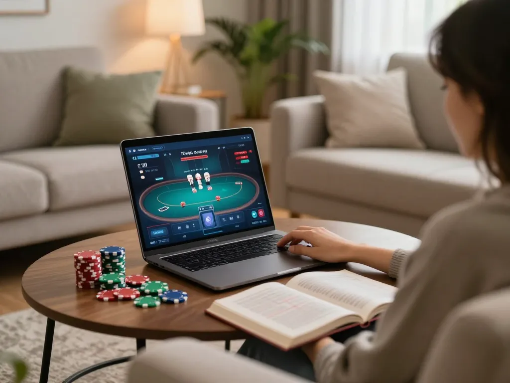 Person enjoying online poker gaming on PH22 in a cozy home setting with strategy notes.