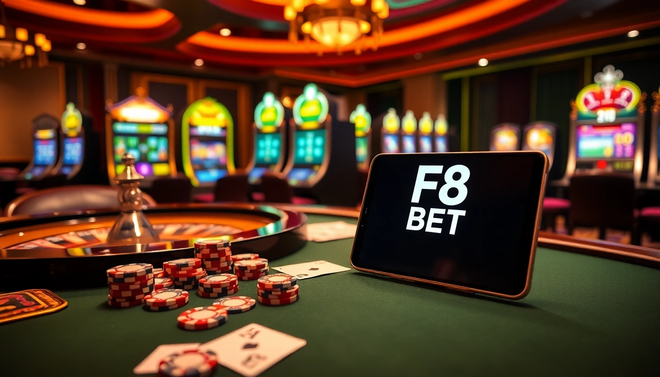 Experience exciting gameplay at F8 BET casino with poker chips and roulette wheel.