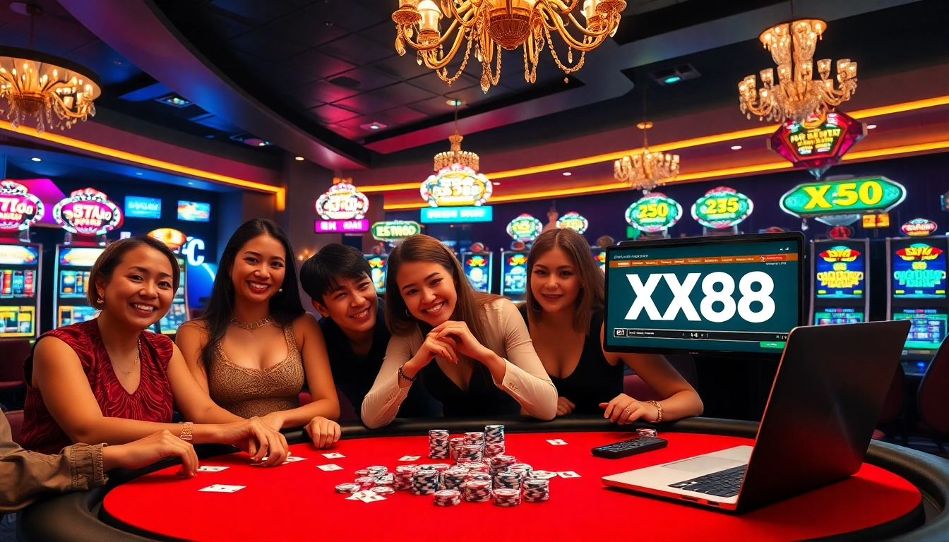 Players engaging at the XX88 poker table in a vibrant casino atmosphere.