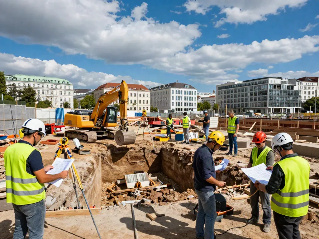 Baugrubensicherung Wien: Arbeitssicherheit auf der Baustelle mit Fachleuten und Maschinen.