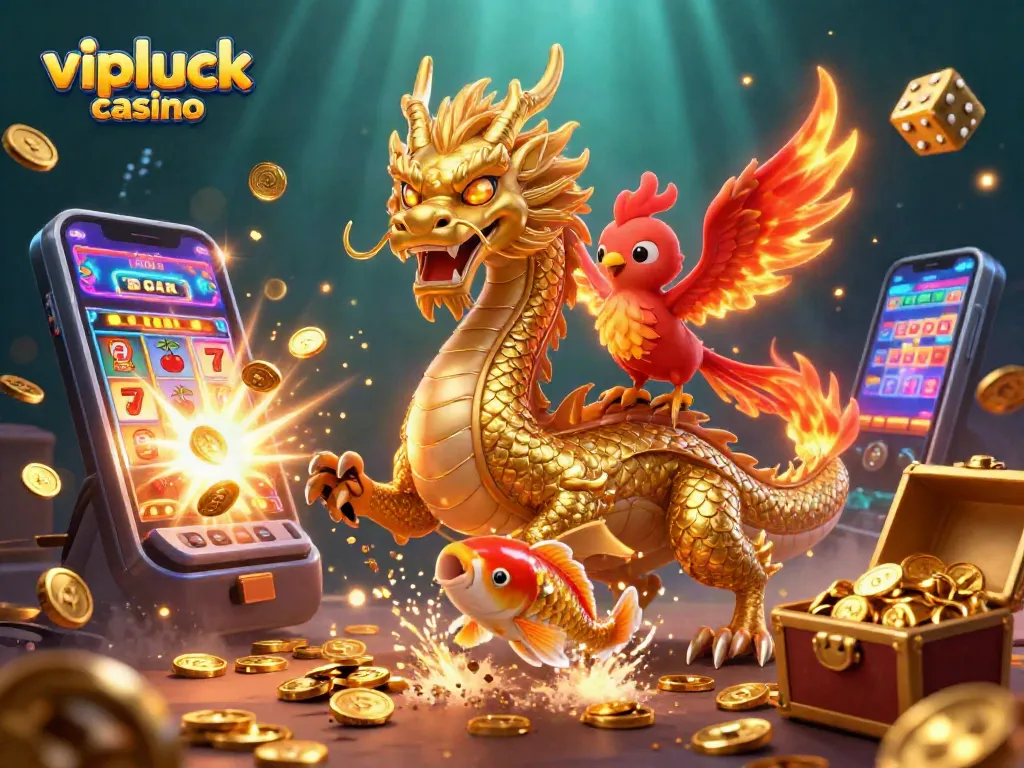 Experience thrilling wins at vipluck casino with vibrant dragon and phoenix amidst jackpot explosions.